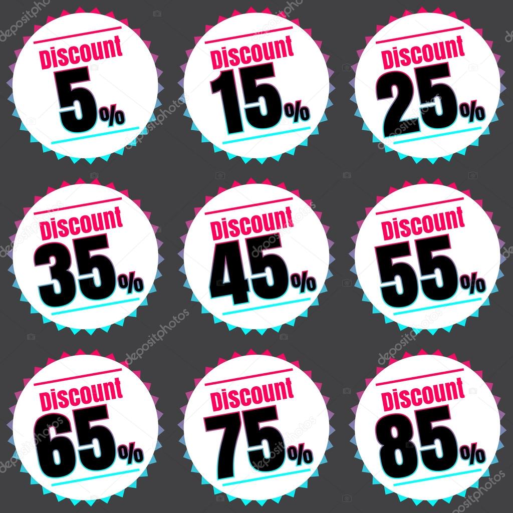 Sale, discount labels. Special offer price signs. 5, 15, 25, 35, 45, 55, 65, 75 and 85 percent off reduction symbols.