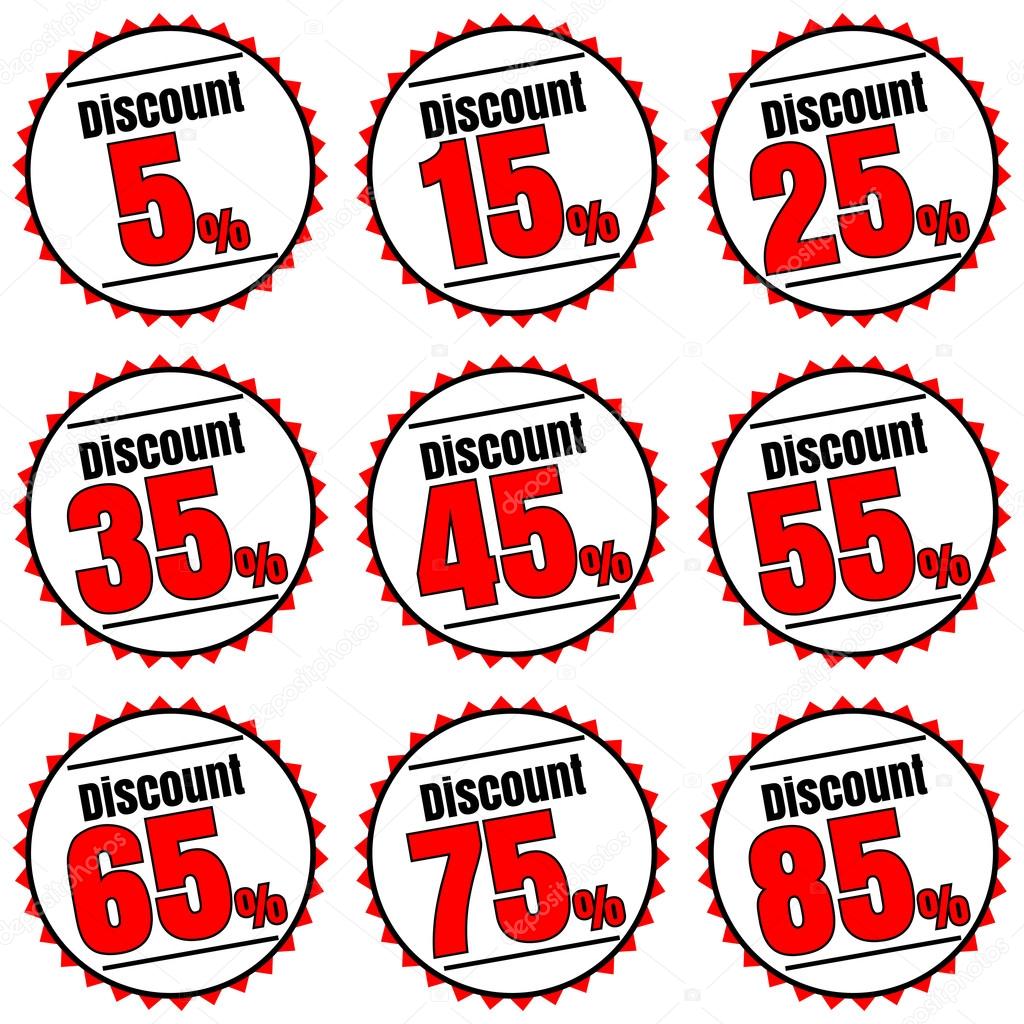 Sale, discount labels. Special offer price signs. 5, 15, 25, 35, 45, 55, 65, 75 and 85 percent off reduction symbols.