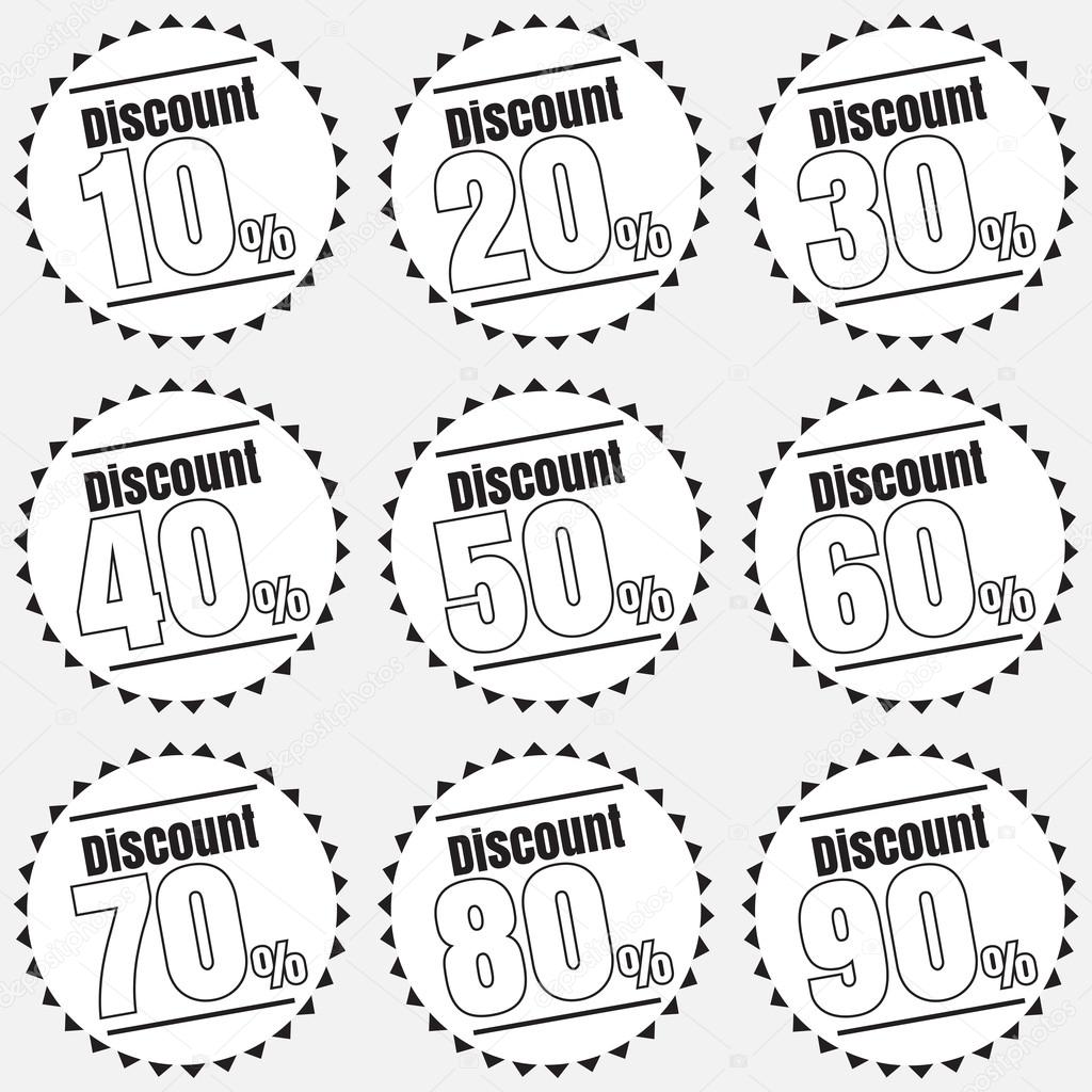 Sale, discount labels. Special offer price signs. 10, 20, 30, 40, 50, 60, 70, 80 and 90 percent off reduction symbols.