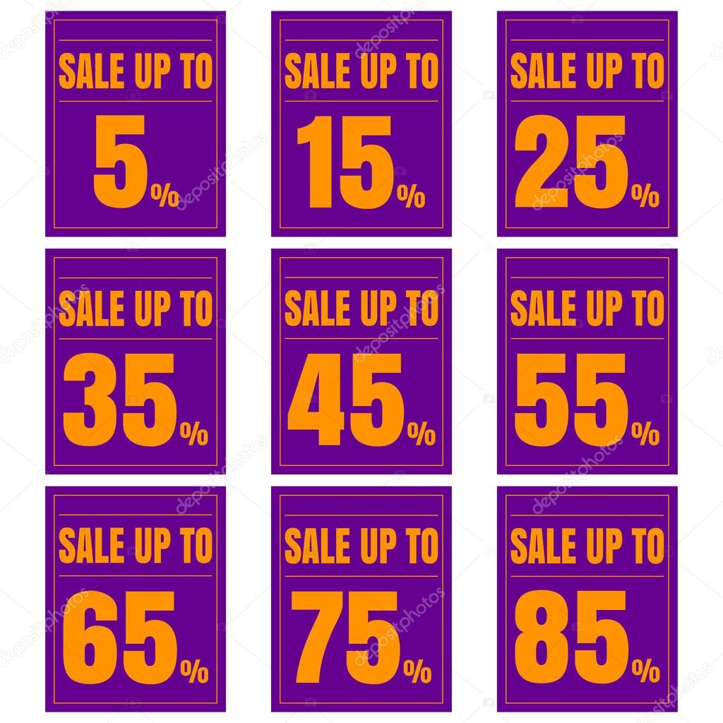 Sale, discount labels. Special offer price signs. 5, 15, 25, 35, 45, 55, 65, 75 and 85 percent off reduction symbols.