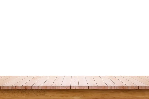 Tampo vazio da mesa de madeira ou contra-isolado no backgroun branco — Fotografia de Stock