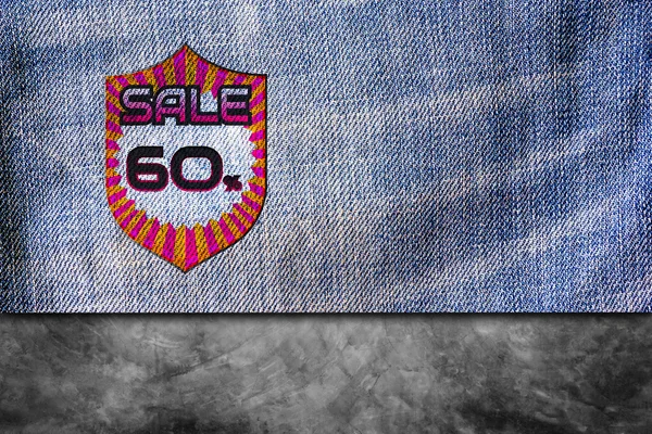 60% off on blue denim jeans background. — Stock Photo, Image