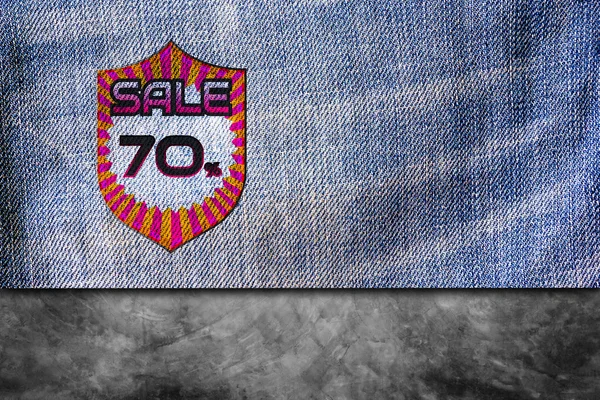 70% off on blue denim jeans background. — Stock Photo, Image