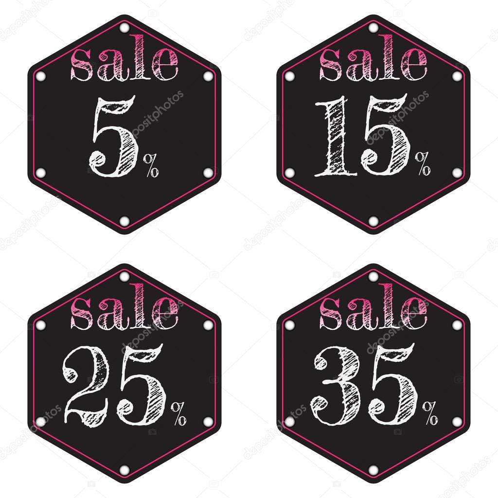 Sale, discount labels. Special offer price signs. 5, 15, 25 and 35 percent off reduction symbols.