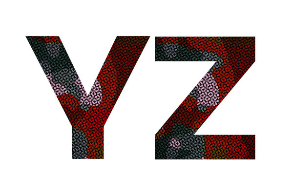 English alphabet with red and black fabric texture.