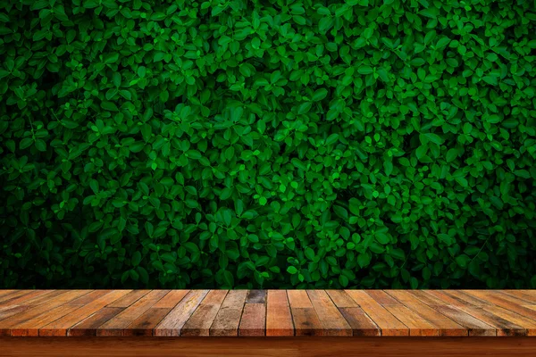 빈 오래 된 나무 테이블 또는 카운터 녹색 잎 배경. — 스톡 사진