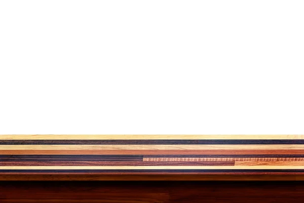 Lege top van houten tafel op witte achtergrond. — Stockfoto