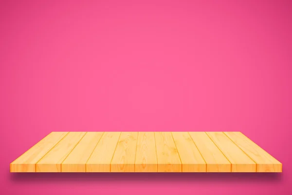 Wooden shelf on pink gradient wall background. — Stock Photo, Image