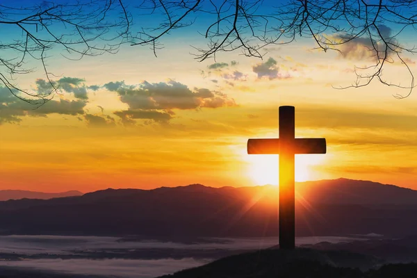 Silhouette Cross Mountain Sunset Background — Stock Photo, Image