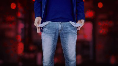 Adamın cepleri soyut virüs sembolü ile dolu, Coronavirus salgınının etkileri (COVID-19).