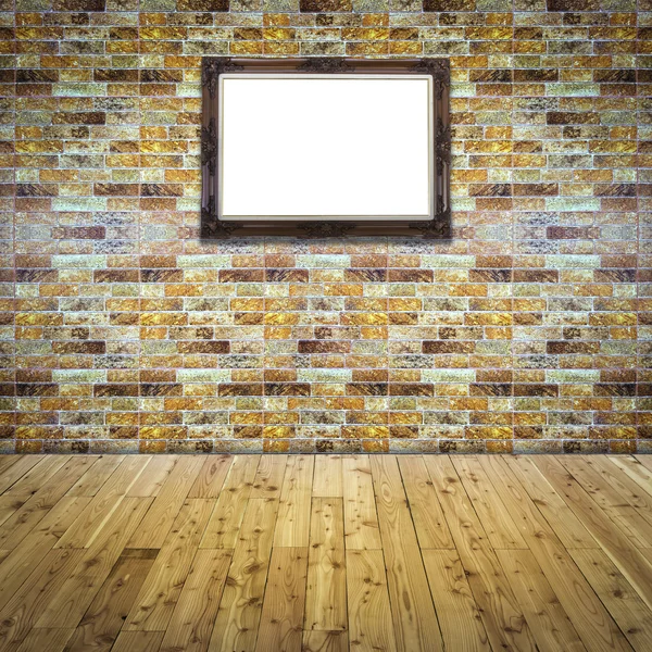Struttura in legno bianco su mattonelle muro di mattoni — Foto Stock