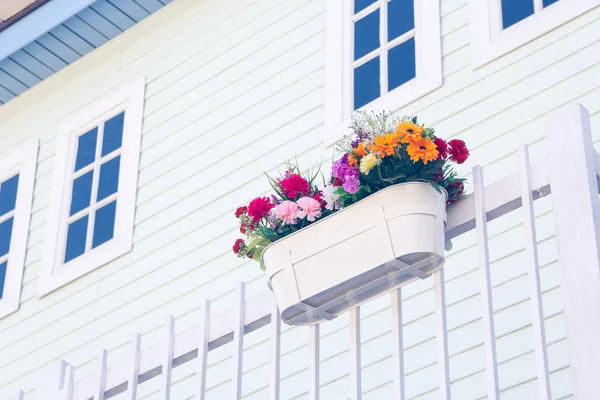 Blumentöpfe aus Plastik hingen am Haus. — Stockfoto