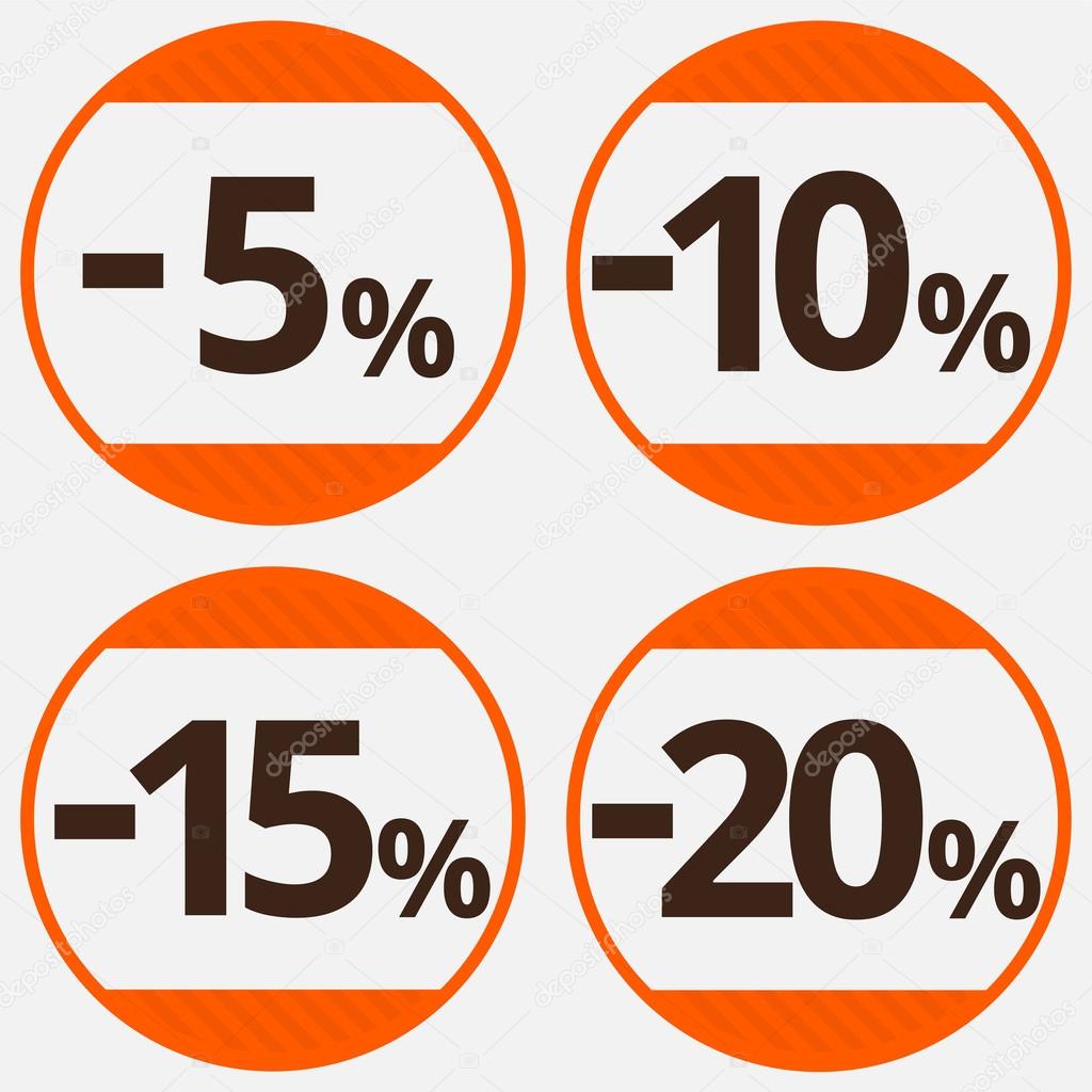 Sale, discount labels. Special offer price signs. 5, 10, 15 and 20 percent off reduction symbols.