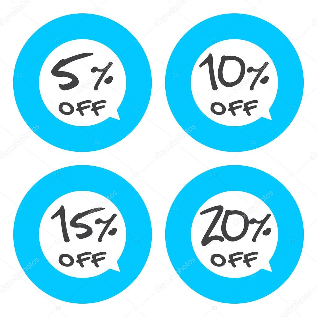 Sale, discount labels. Special offer price signs. 5, 10, 15 and 20 percent off reduction symbols.