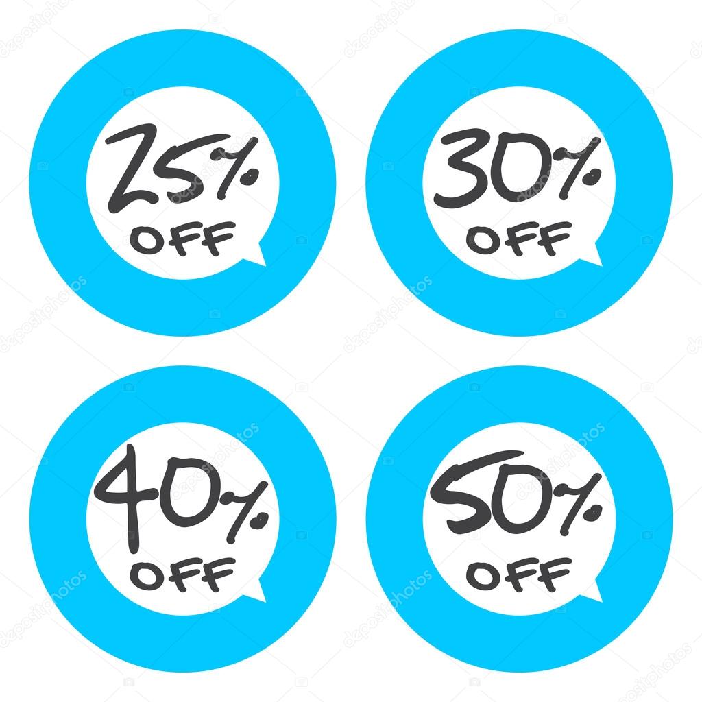 Sale, discount labels. Special offer price signs. 25, 30, 40 and 50 percent off reduction symbols.