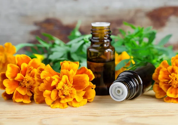 Two small bottles of essential marigold oil — Stock Photo, Image