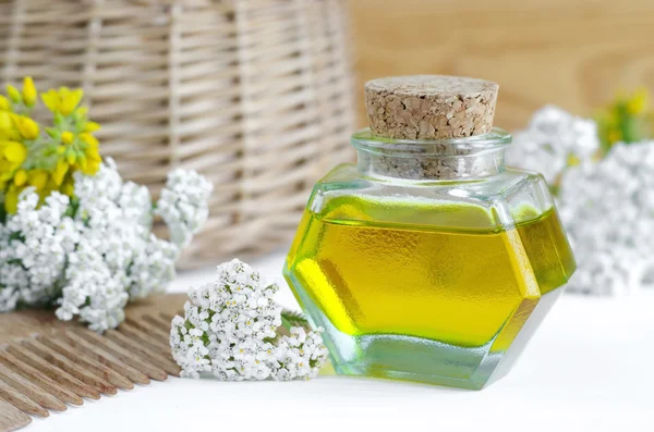 Small bottle of yarrow oil (extract, tincture, infusion) and wooden hair comb for natural hair care — Stock Photo, Image