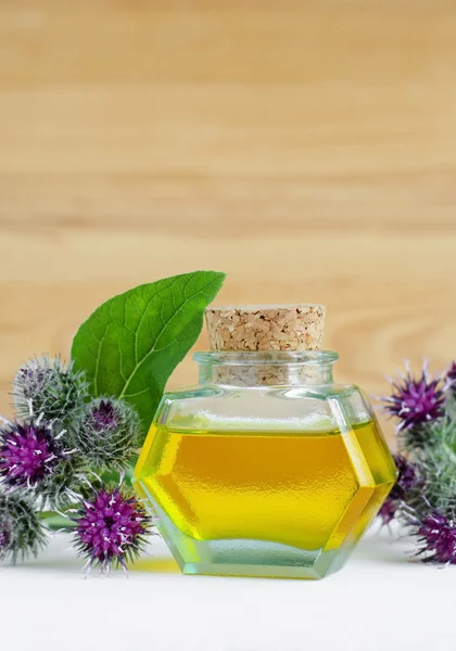 Botella pequeña de aceite de bardana — Foto de Stock