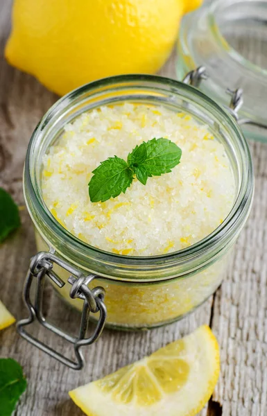 Homemade Lemon Exfoliating Scrub Bath Salt Foot Soak Sea Salt — Stock Photo, Image