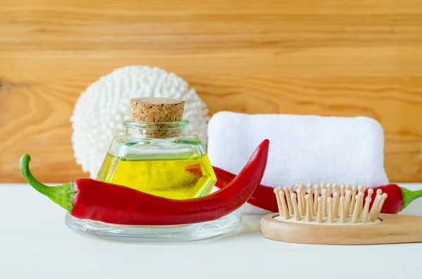 Small Vintage Bottle Cosmetic Massage Olive Oil Red Hot Chilli — Stock Photo, Image