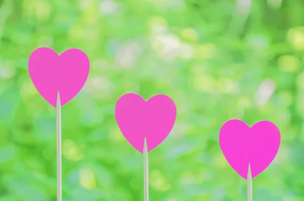 Τρεις ροζ καρδιές με φόντο bokeh — Φωτογραφία Αρχείου