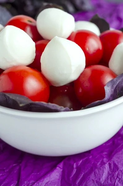 Mozzarella dan tomat ceri dalam mangkuk porselen — Stok Foto