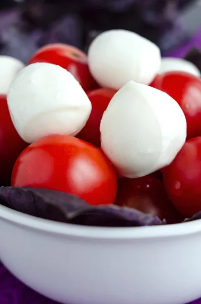 Mozzarella dan tomat ceri dalam mangkuk porselen — Stok Foto