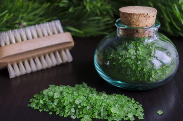 Small bottle of bath salt with pine extract — Stock Photo, Image