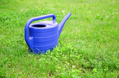 Mavi plastik sulama olabilir yeşil çim üzerinde