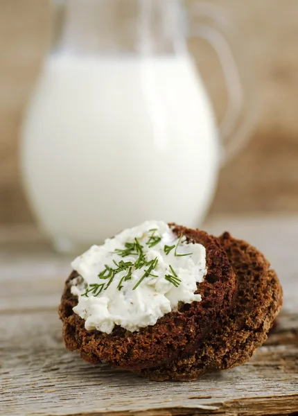 Kleine runde Roggen-Toasts mit Frischkäse und Dill — Stockfoto