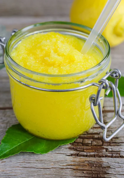 Lemon scrub with sugar, honey and olive oil