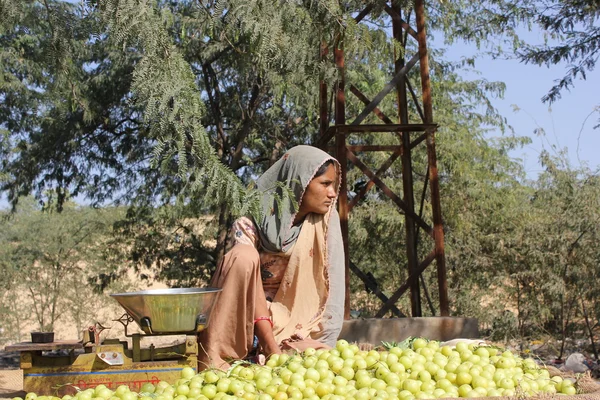Beautiful Indian girl selling yellow tomatoes on the street — Stock Photo, Image