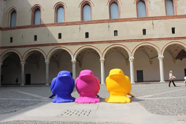 Pátio do Castelo de Milão Sforza com três pássaros coloridos — Fotografia de Stock