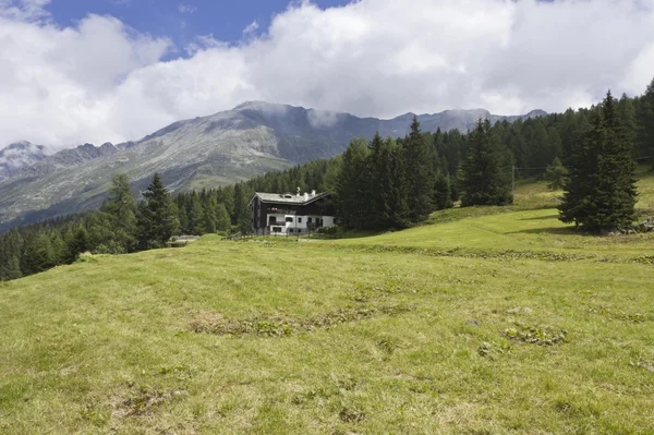 Vue d'ensemble du paysage de montagne en été à Madesimo, avec un chalet en arrière-plan . — Photo