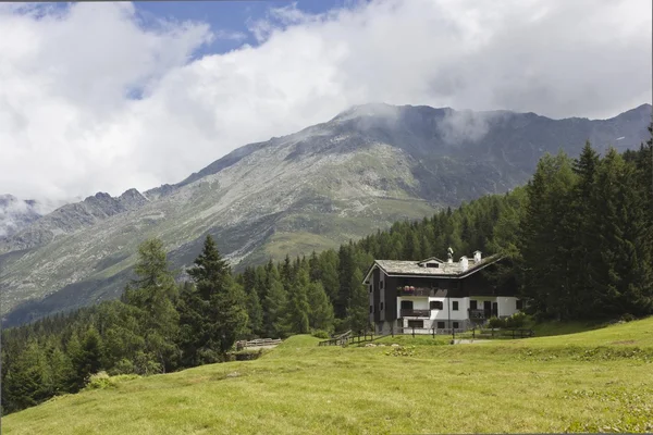 Visão geral da paisagem montanhosa no verão em Madesimo, com um chalé no fundo . — Fotografia de Stock