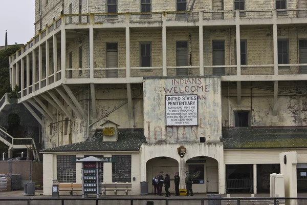 Aankomst in Alcatraz Island, externe weergave van het gebouw, close-up Stockfoto