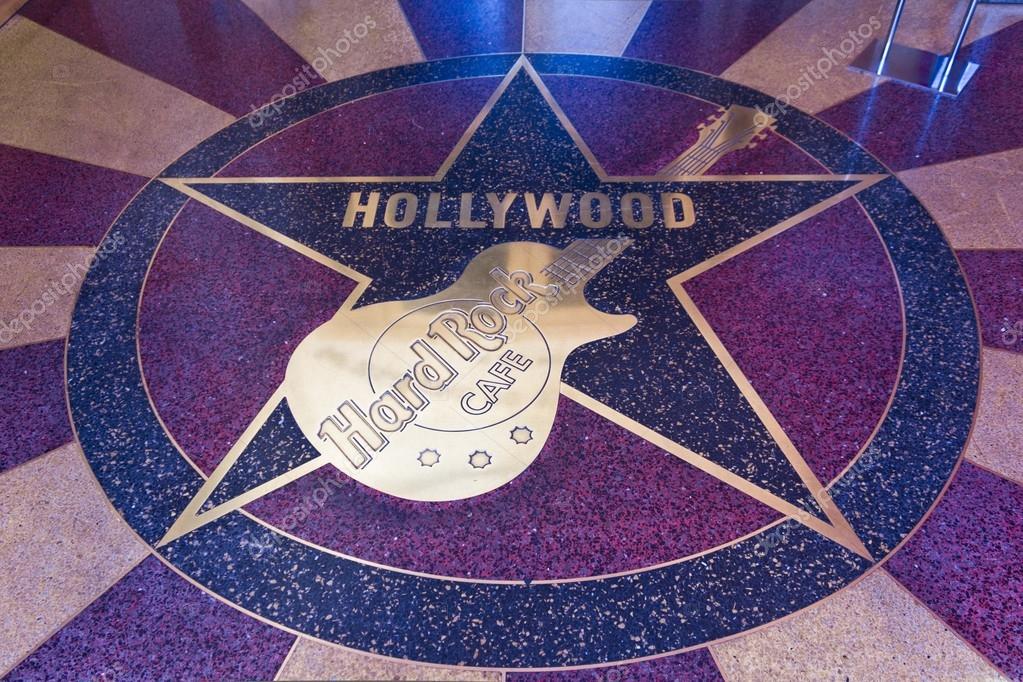 LOS ANGELES, CALIFORNIA - AUG 16 2013: Hard Rock Cafe logo on the floor, inside the Universal Studios