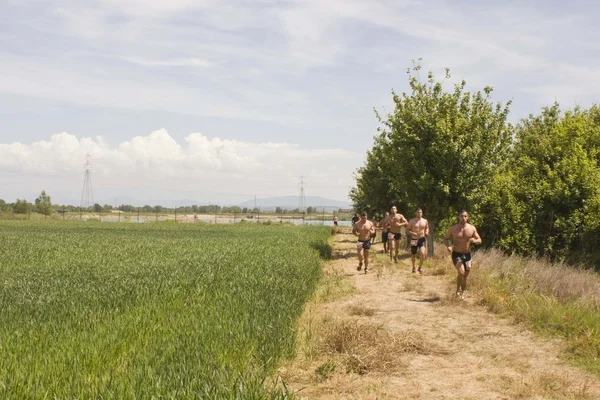 Мужчины с голой грудью бегают по полю в Тоскане — стоковое фото