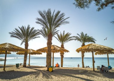 Tropikal palmiyeler, kızıl deniz ve kumlu plajlar, şemsiyeler ve dinlenen insanların güneş gözlükleriyle yaz tatili.