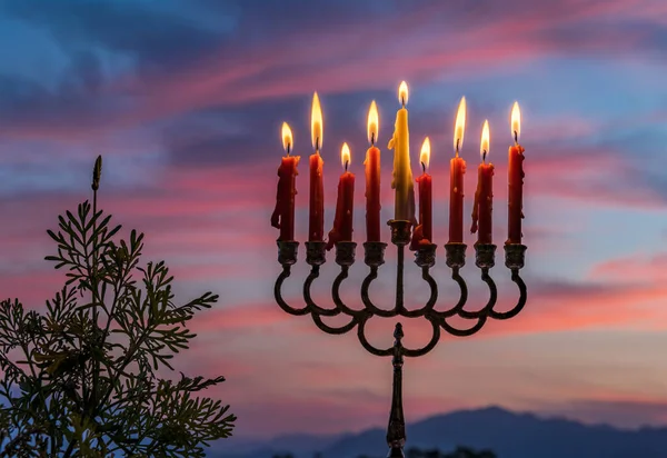 Glitterlichtjes Van Kaarsen Menorah Zijn Traditionele Symbolen Voor Joodse Chanoeka — Stockfoto