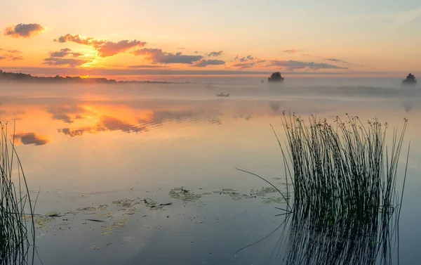 Farbenfroher Sonnenaufgang Über Dem See Und Morgennebel Oder Nebel — Stockfoto
