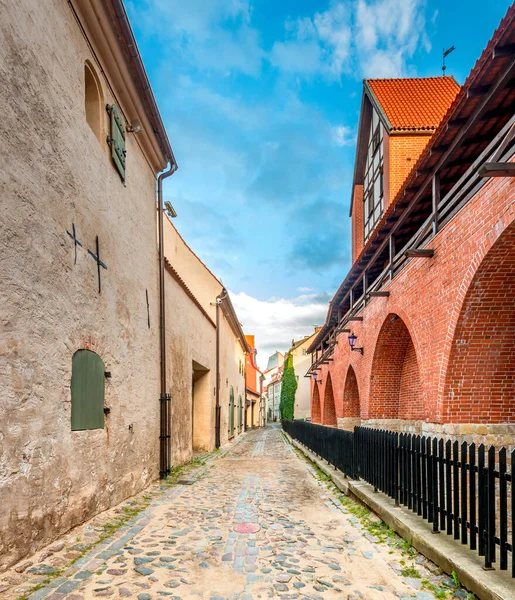 Rue Médiévale Étroite Dans Vieille Ville Riga Qui Est Capitale — Photo