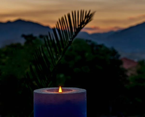 Vela Ardiente Sobre Fondo Rama Borrosa Palma Amanecer Sobre Montañas —  Fotos de Stock