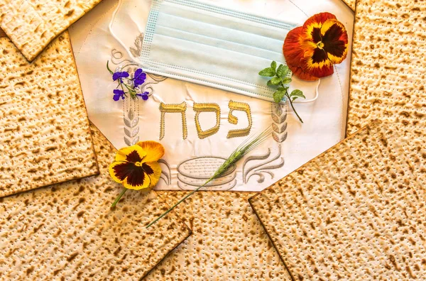 Unleavened bread  matzoth,  blossoming flowers, mint and medical mask  - attributes Jewish Passover Holiday in 2022, three Hebrew letters, in English translation means Jewish Passover