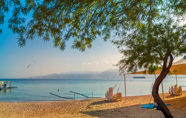 Πρωί Στην Ηλιόλουστη Κεντρική Δημόσια Παραλία Στο Eilat Διάσημο Τουριστικό — Φωτογραφία Αρχείου