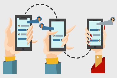 Sohbet ve mesaj konsepti. Mobil ekranda sms köpüklü akıllı telefon tutan kadın ve erkek ellerinin çizgi film düz çizimi. Arkaplanda vektör izole edildi.