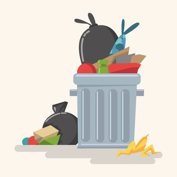 Odpadkový Koš Odpadem Plastovými Pytli Odpadky Odpadky Vektorové Kreslené Ploché — Stockový vektor