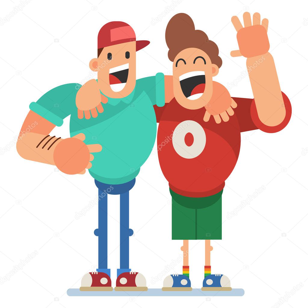 Two happy best friend vector character. Friendship adult men illustration in a cartoon flat style isolated on a white background.