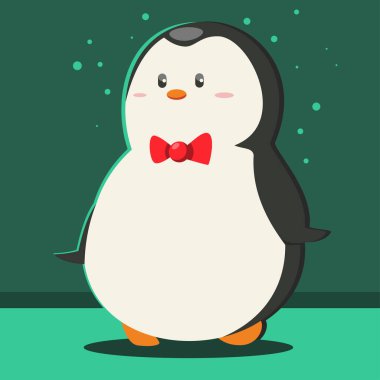 Kırmızı papyonlu sevimli penguen çizgi filmi. Vektör hayvan karakteri. Kış illüstrasyonu.