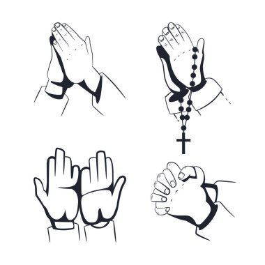 Kutsal tespih boncukları taşıyan dua eden eller beyaz arka planda izole edilmiş vektör ikonu..